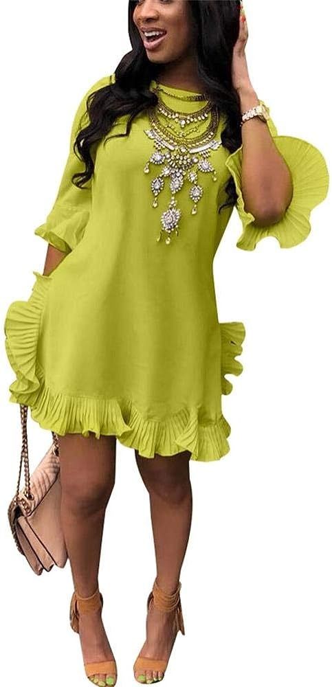 Women Short Sleeve Round Neck Ruffles Hem Loose Midi Dresses Casual Short Dress | Amazon (US)