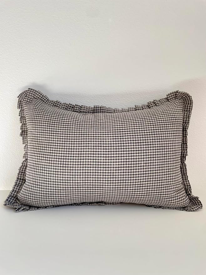 Gingham Ruffle Pure Linen 14x20 Inch Throw Pillow Cover: Handmade Double Sided Handsewn Plaid Che... | Amazon (US)