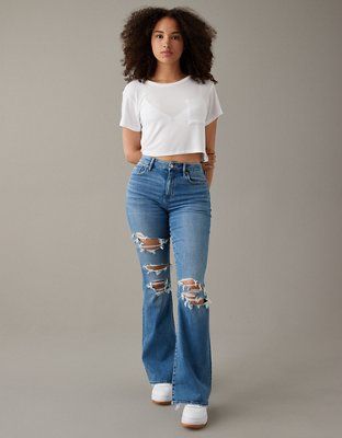AE Stretch Curvy Ripped Super High-Waisted Flare Jean | American Eagle Outfitters (US & CA)