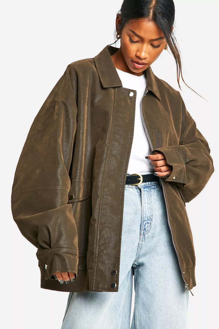 Vintage Look Faux Leather Oversized Bomber Jacket | Boohoo.com (UK & IE)