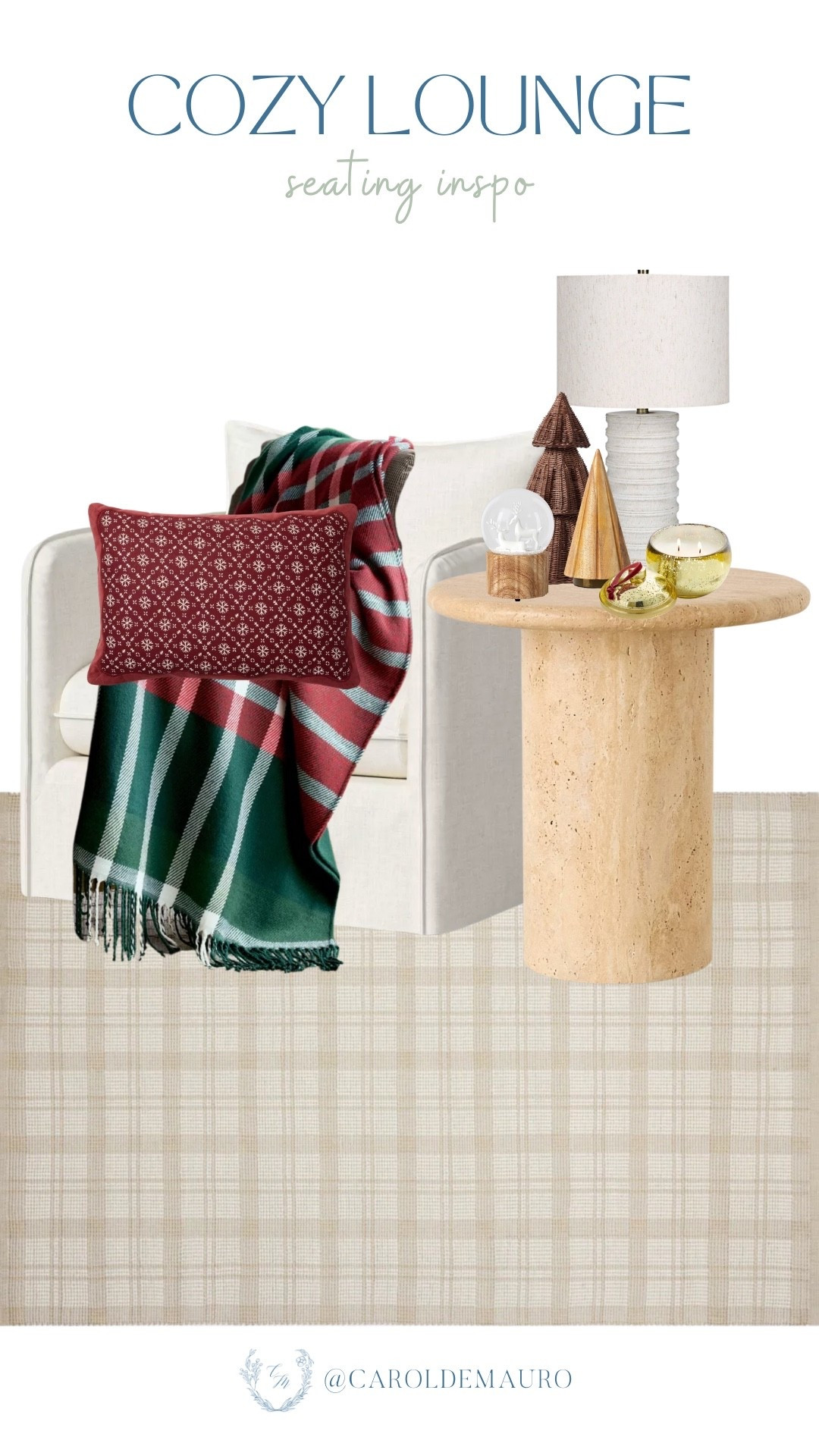 Snuggle up for a winter movie night in this comfy setup! Toss that cozy green and red throw and maroon accent pillow on your chair. Complete the cozy atmosphere with simple decor like the table lamp, a few small wooden trees, and a holiday scented candle to make your lounge corner feel complete.

secondary seating, living room styling, cozy lounge area, home inspo, accent chairs, holiday decor, winter vibes, table set up

#LTKSeasonal #LTKHome #LTKHoliday