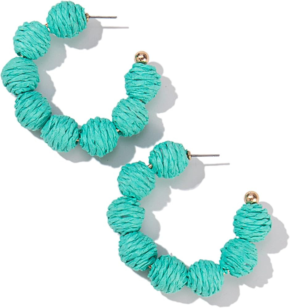 Raffia Beaded Hoop Earrings Boho Statement Chunky Fun Summer Beach Jewelry | Amazon (US)