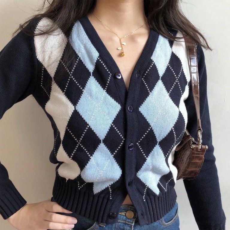 Women Long Sleeve Button Down Knit Cardigan Vintage Argyle Plaid Sweater Coat - Walmart.com | Walmart (US)