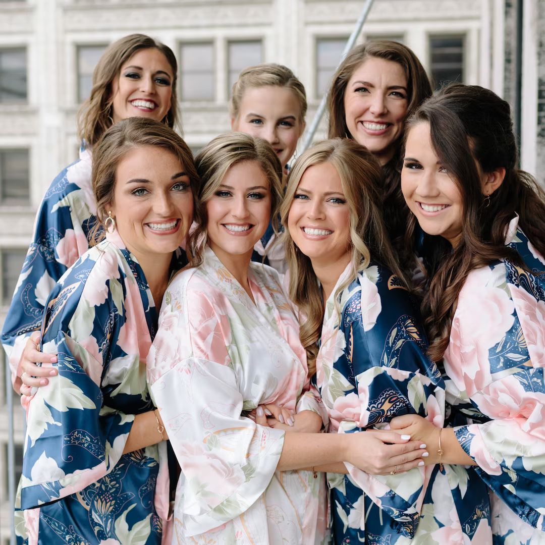 Satin Robe for Bridesmaid Floral Bridesmaid Robes Navy - Etsy | Etsy (US)