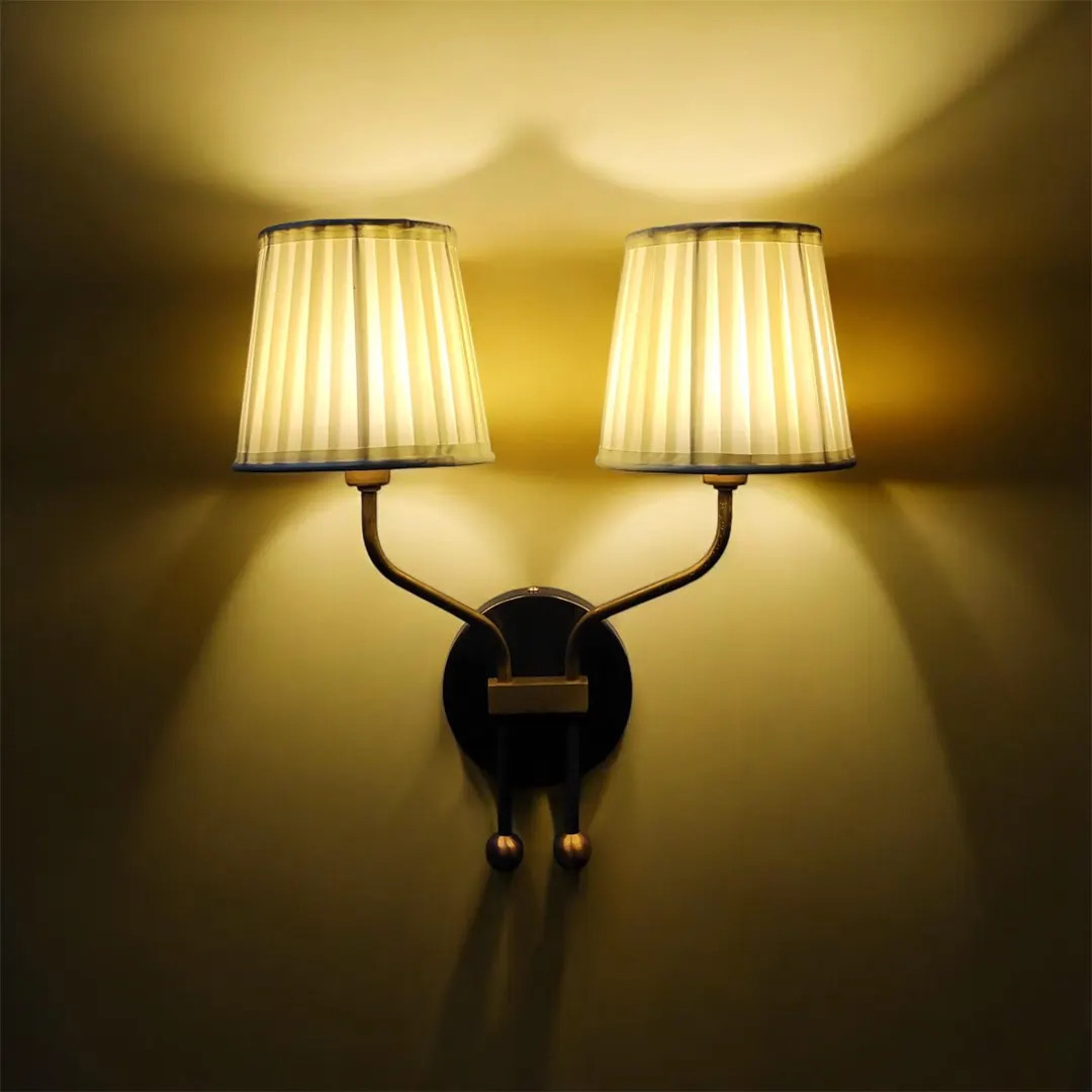 Handcrafted Double Arm Brass Wall Sconce With Fabric Shades Mid-century Brass Wall Lamp. - Etsy | Etsy (US)