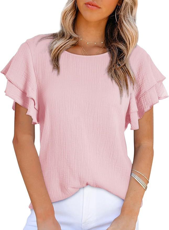 Dokotoo Womens Tops Ruffle Short Sleeve Crewneck Shirts Solid Casual Loose Babydoll Blouses | Amazon (US)