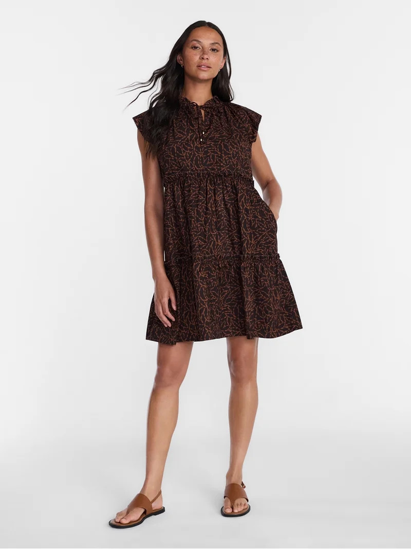 Time and Tru Women's and Women's Plus Tiered Cotton Mini Dress with Flutter Sleeves, Sizes XS-4X | Walmart (US)