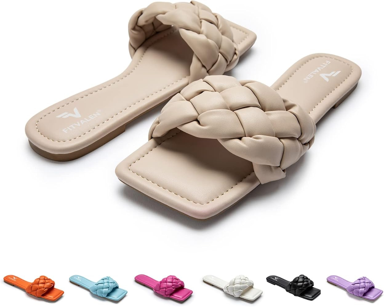 FITVALEN Sandals Women Square Open Toe Slip On Slides With Braided Strap For Womens Flat Sandals Non | Amazon (US)