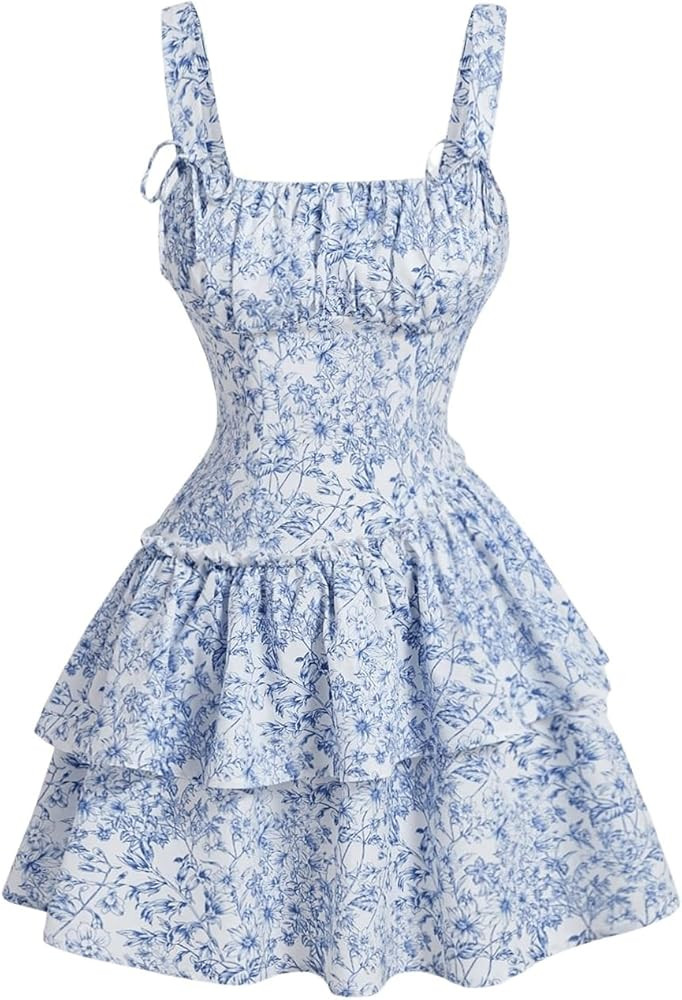 Women's Floral Print Knot Sleeveless Dress Ruched Tiered Layer Ruffle Hem Cami Dresses Boho Summe... | Amazon (US)