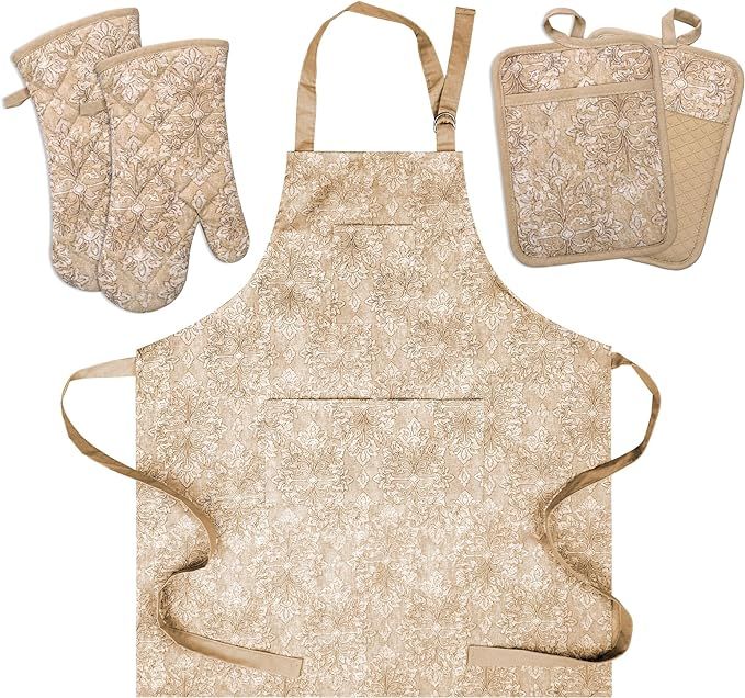 Oven Mitts and Pot Holders with Cooking Apron set of 5, Heat Resistant Kitchen Gloves and Silicon... | Amazon (US)