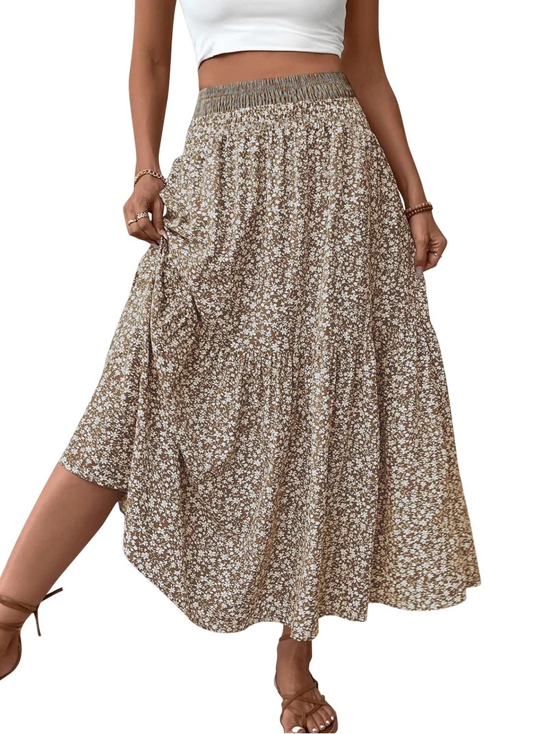 TEMOFON Womens Maxi Skirt Tiny Floral Casual Elastic Waist With Pockets Ruffled Hem Ladies A-Line... | Walmart (US)