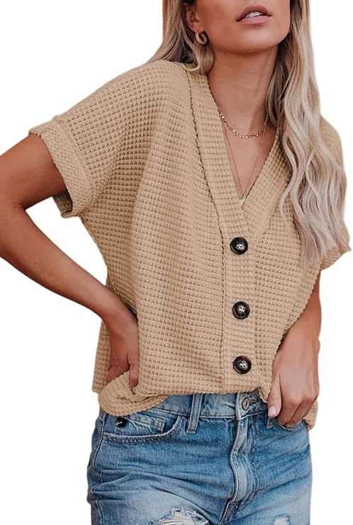 Dokotoo Womens Summer Tops 2024 Waffle Knit Button Down Shirts Casual V Neck Short Sleeve Shacket... | Amazon (US)