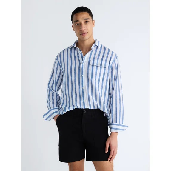 Free Assembly Men's Striped Linen Blend Button Front Shirt with Long Sleeves, Sizes XS-3XL | Walmart (US)