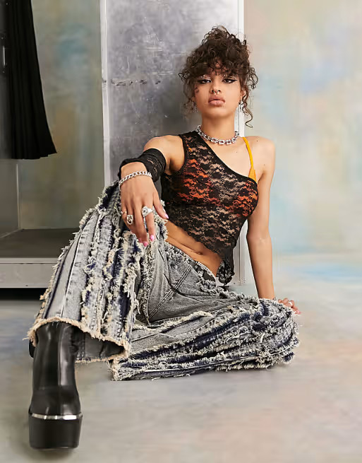 COLLUSION exposed seam lace one shoulder top in black | ASOS (Global)