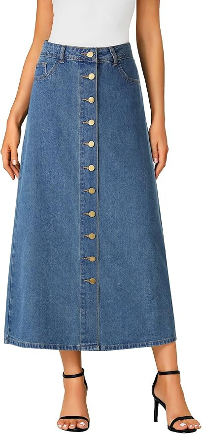 Vrtige Women's Casual Button Down High Waisted A Line Jean Midi Long Denim Skirt with Pockets | Amazon (US)