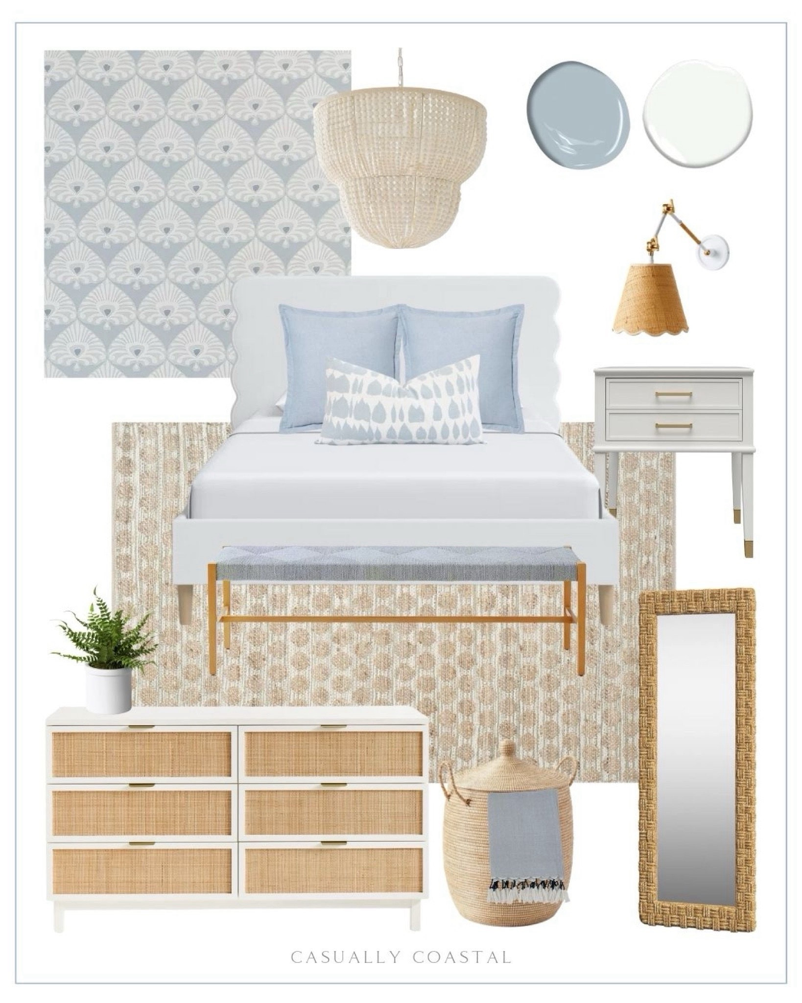 Primary Bedroom design, with a mix of budget-friendly and higher end pieces! 
- 
Coastal bedroom ideas, coastal home decor, primary bedroom inspo, coastal bedroom furniture, beach home style, beach house decor, beach bedroom, neutral bedroom ideas, blue and white decor, coastal interiors, master bedroom decor, master bedroom ideas, home inspo, neutral home, scalloped bed, white bed, upholstered bed, high low style, faux plants, neutral area rug, coastal rugs, Amazon rugs, neutral rugs, woven rugs, beach house rugs, 8x10 rugs, 9x12 rugs, bedroom bench, Serena & lily bench, cane 6 drawer dresser, coastal dresser, white dresser, Serena & lily basket, La Jolla basket, bedside table, Amazon nightstands, affordable nightstands, 2 drawer nightstand, white nightstand, designer look for less, woven floor mirror, chic tassel throw blanket, blue and white pillows, bed pillows, bed pillow styling, Serena & lily sconce, bedroom sconces, neutral sconce, white beaded chandelier, coastal chandelier, statement chandelier, coastal wallpaper


#LTKHome #LTKFindsUnder100 #LTKFindsUnder50
