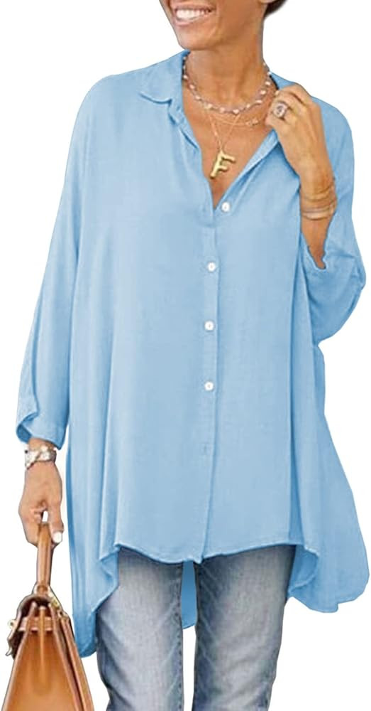 Aoysky Womens Oversized T Shirts Button Down Long Sleeve Shirt V Neck Collar Loose Flowy Blouse | Amazon (US)