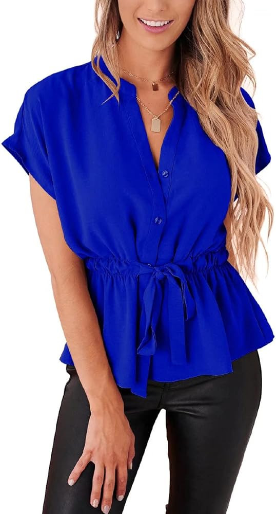 Womens Button Down Blouses Casual Peplum Summer Tops Dressy Chiffon Work Blouse | Amazon (US)
