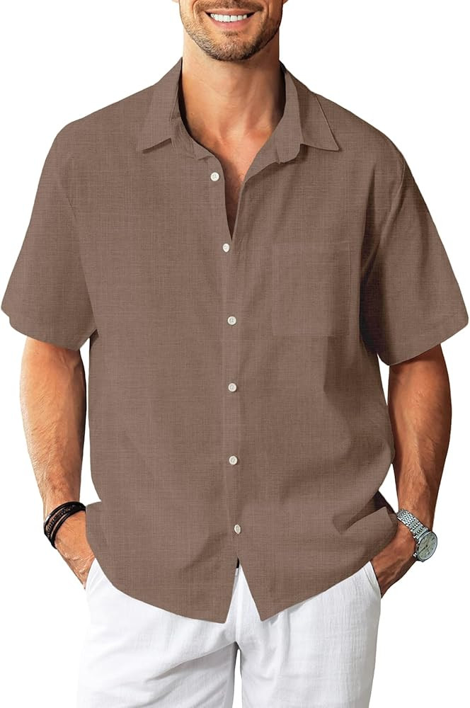 KYKU Men's Cotton Linen Shirts Casual Men Short Sleeve Button Down Beach Wedding Summer Shirts, R... | Amazon (US)