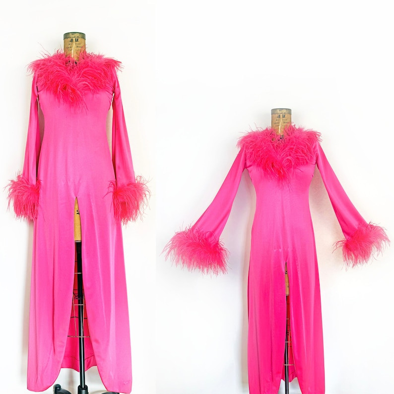 70s Hot Pink Ostrich Feather Maxi Dress, Vintage Pageant Queen Evening Gown with Bodysuit | Etsy (Global)