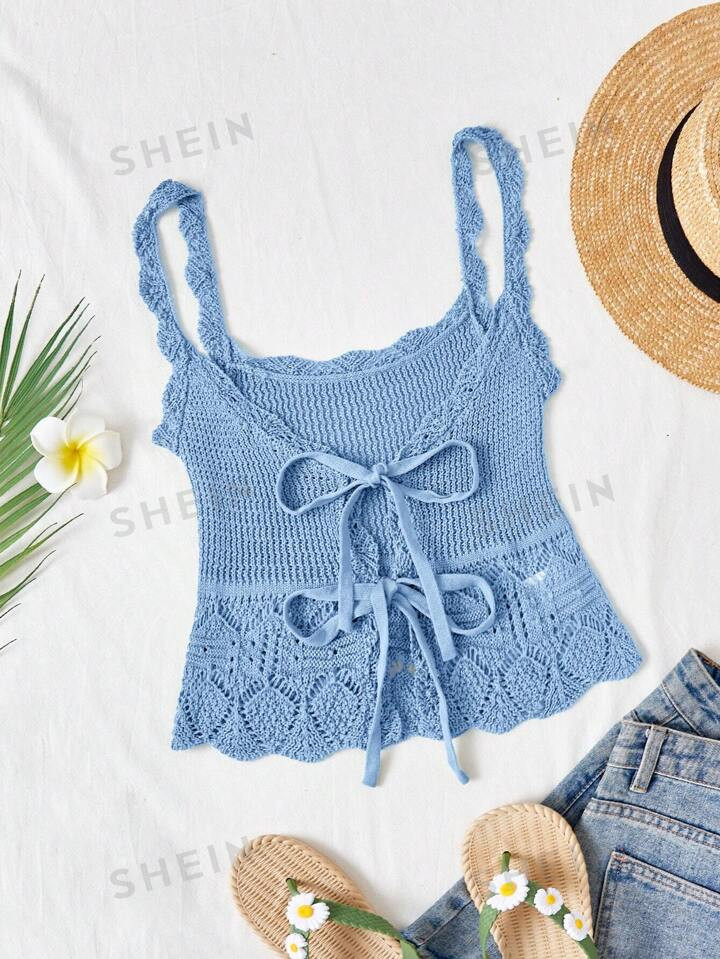 SHEIN WYWH Women's Fashionable Solid Color Hollow Out Bow Decorated Knitted Tank Top | SHEIN