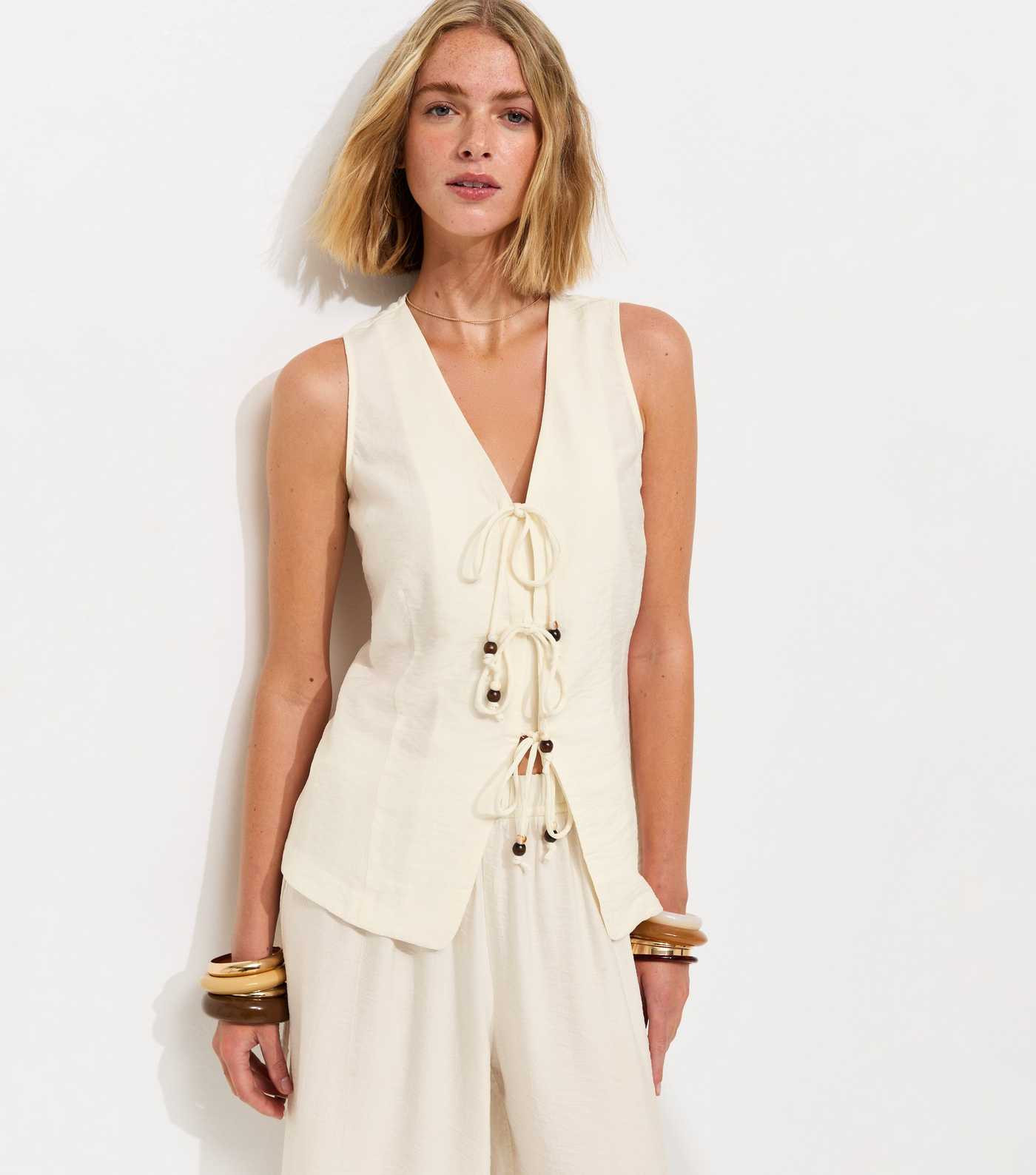 Off White Textured Beaded Tie Waistcoat | New Look | New Look (UK)