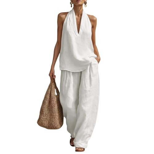Linen Sets for Women 2 Piece 2026 Summer Casual Lounge Outfits Halter Gauze Deep V Neck Sleeveless Vest Lounge Wide Leg Baggy Pants Beach Vacation Outfits with Pockets Matching Sets Women Clothing | Amazon (US)