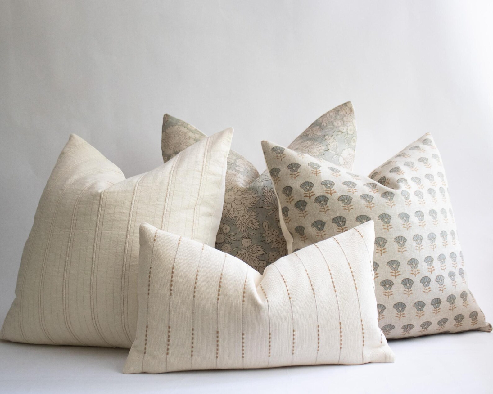 Blue Block Print Pillow Combo, Neutral Block Printed Pillows, Designer Pillow Combination Section... | Etsy (US)