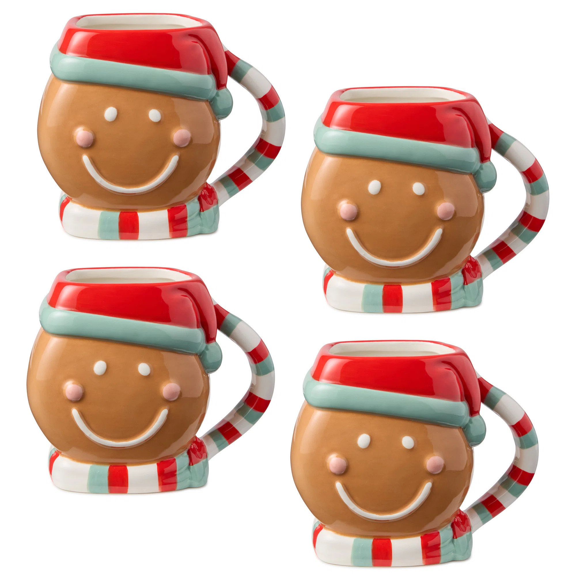 Christmas Whimsy Gingerbread 3D Mugs Set of 4, 18 oz Ceramic Holiday Cocoa Cups with Santa Hats &... | Wayfair North America