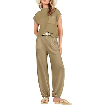 ANRABESS Women's Two Piece Outfits Sweater Sets Knit Pullover Tops and High Waisted Pants Tracksu... | Amazon (US)