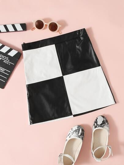 SHEIN Girls Contrast Panel PU Leather Skirt | SHEIN