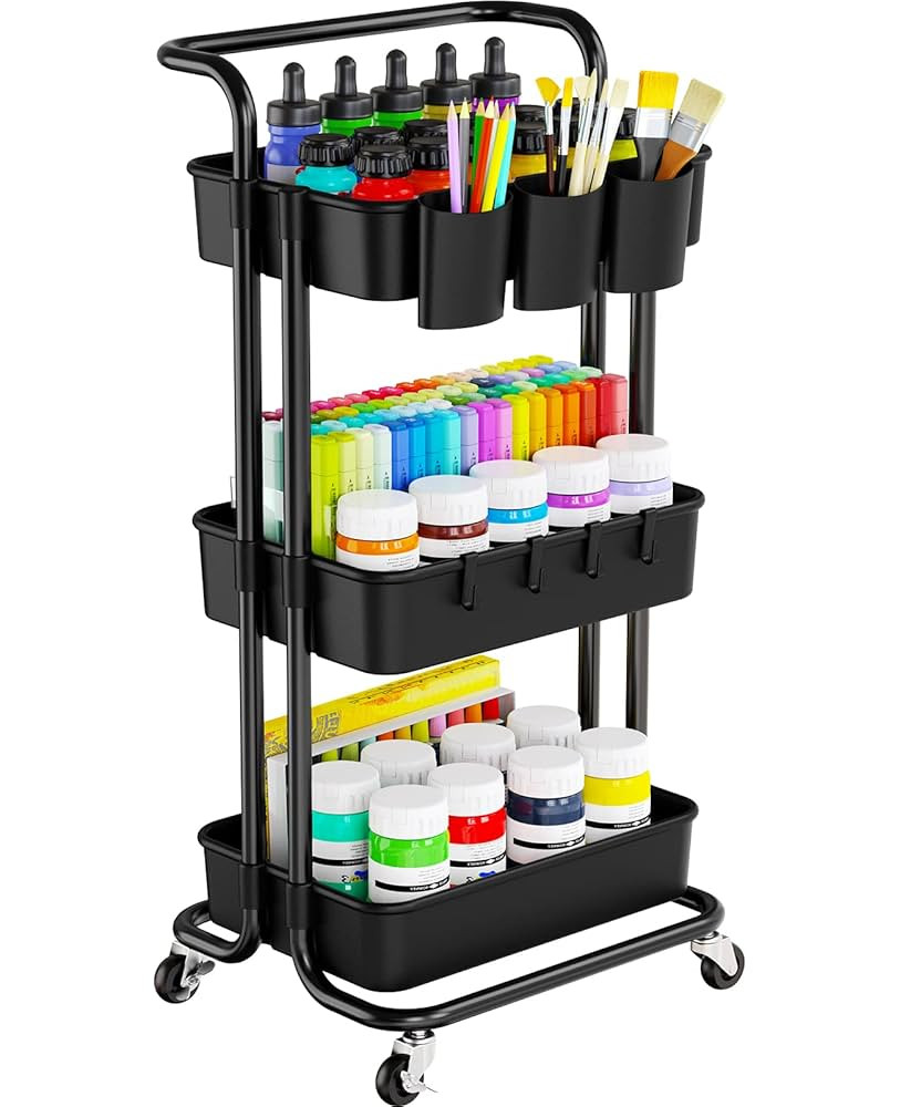 Pipishell 3 Tier Rolling Cart with Wheels - Metal Rolling Cart Organizer with 3 Hanging Cups & 4 ... | Amazon (US)