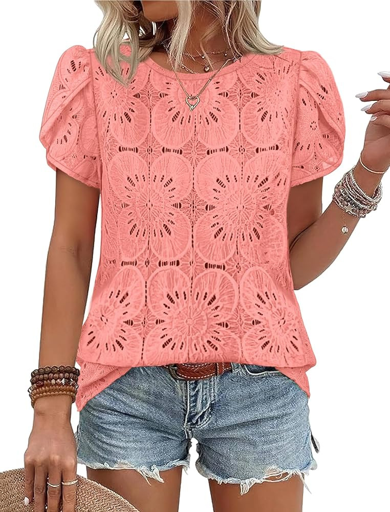 OFEEFAN Blouses for Women Dressy Casual Petal Short Sleeve Shirts Crochet Lace Boho Tops Spring F... | Amazon (US)