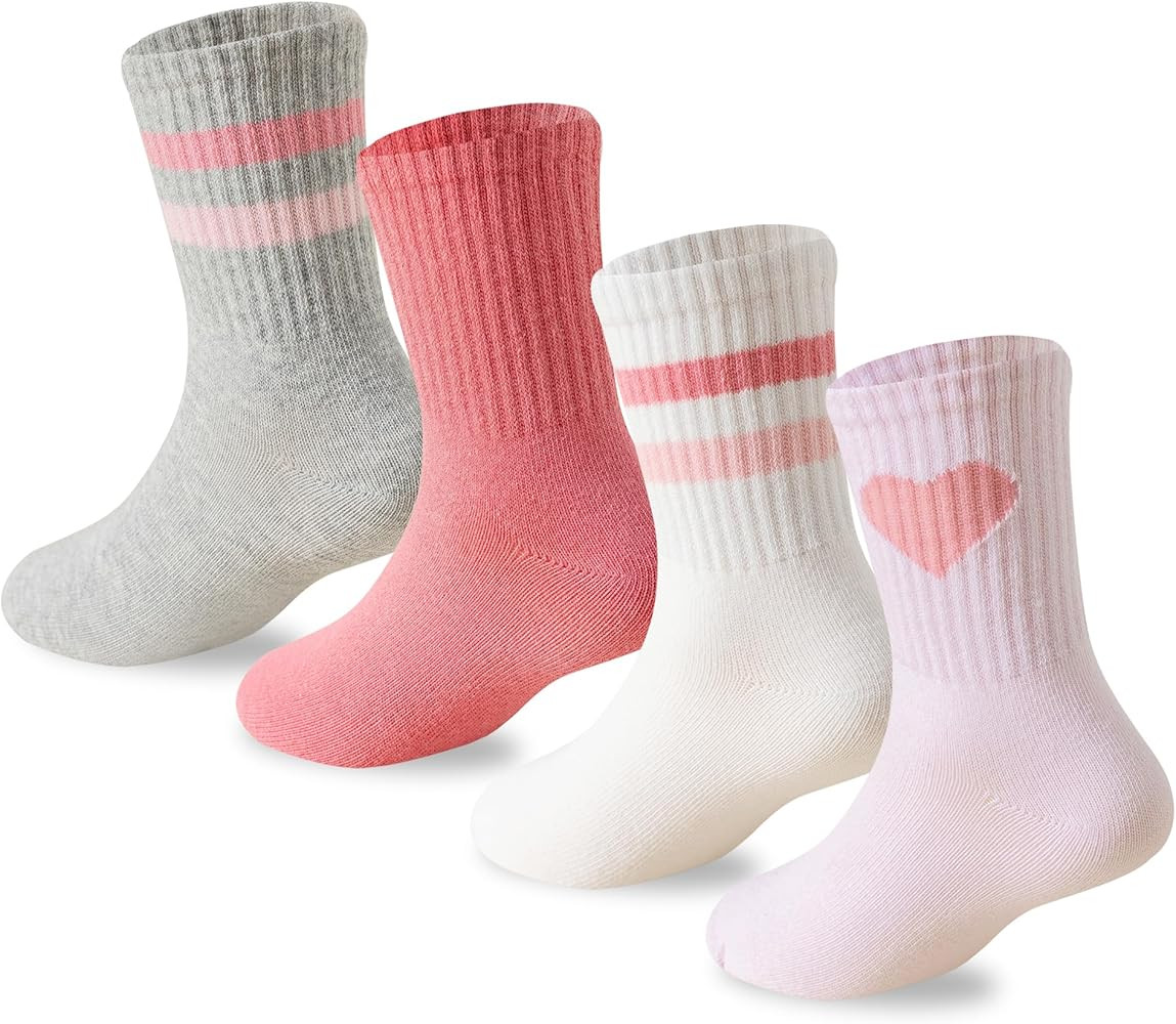 Girls Socks Kids Pink Crew Athletic Socks with Hearts Striped 4 Pairs for Children 4-12 Years | Amazon (US)