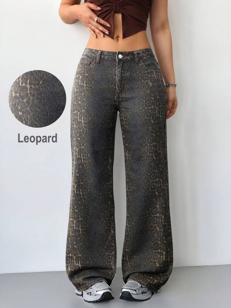 SHEIN Tall Women's Jeans Sexy Low Rise Fit Straight Leg Pants Leopard Print Trousers Old Money Sp... | SHEIN