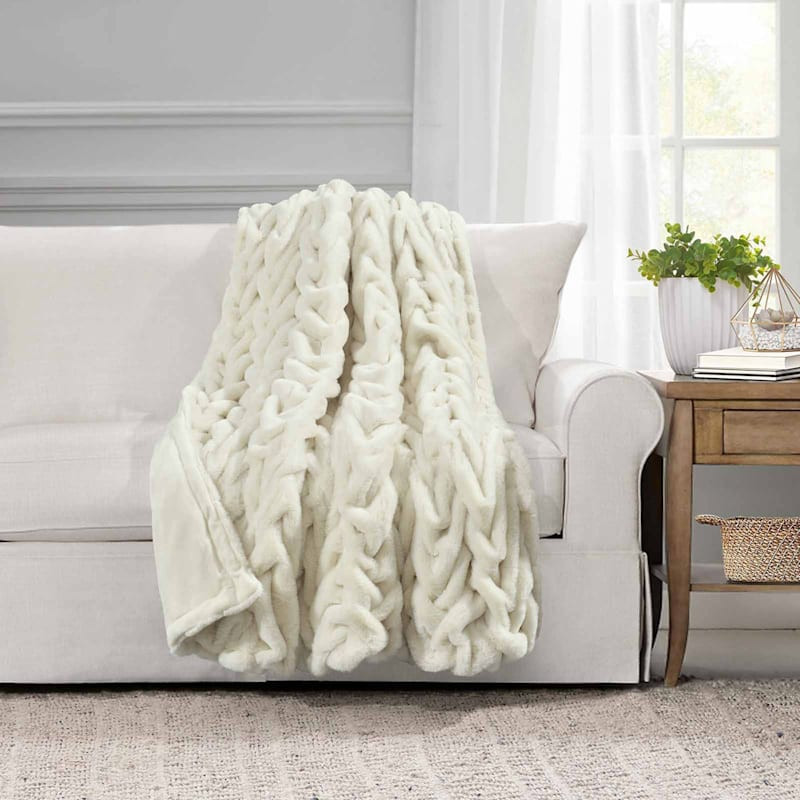 Ivory Chunky Knit Faux Fur Throw Blanket, 50x60 | At Home