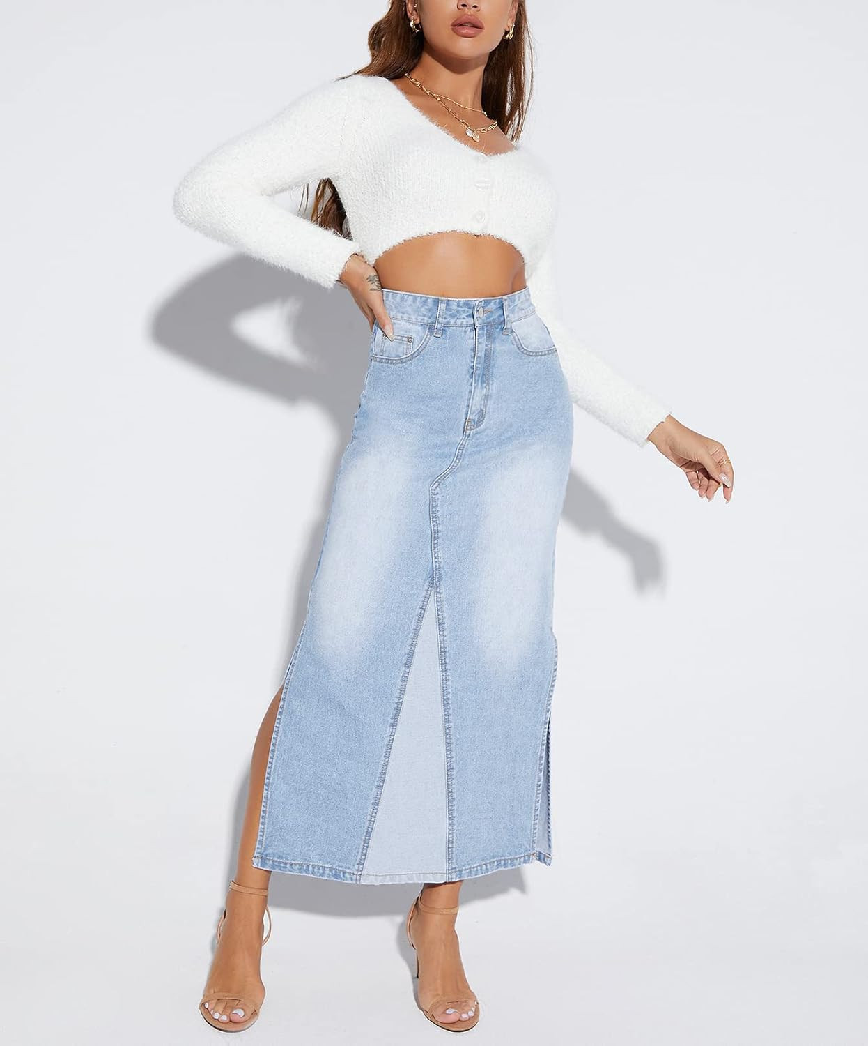 Long Denim Skirts for Women Maxi Paperbag High Waist Frayed Raw Hem A line Flare Jean Skirt with ... | Amazon (US)