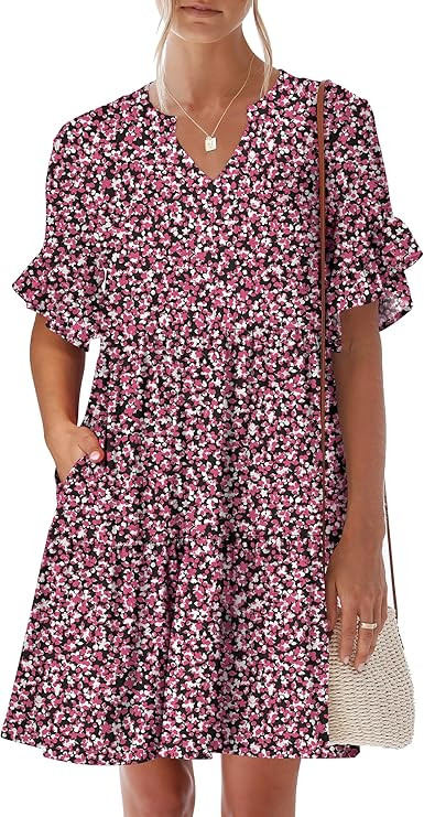 ANRABESS Womens Summer 2026 Trendy Ruffle Short Sleeve V Neck A Line Tiered Flowy Loose Casual Mi... | Amazon (US)