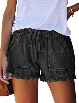 LUYEESS Women Casual Drawstring Elastic Waist Denim Shorts Raw Hem Pocketed Jean White Size Large... | Amazon (US)