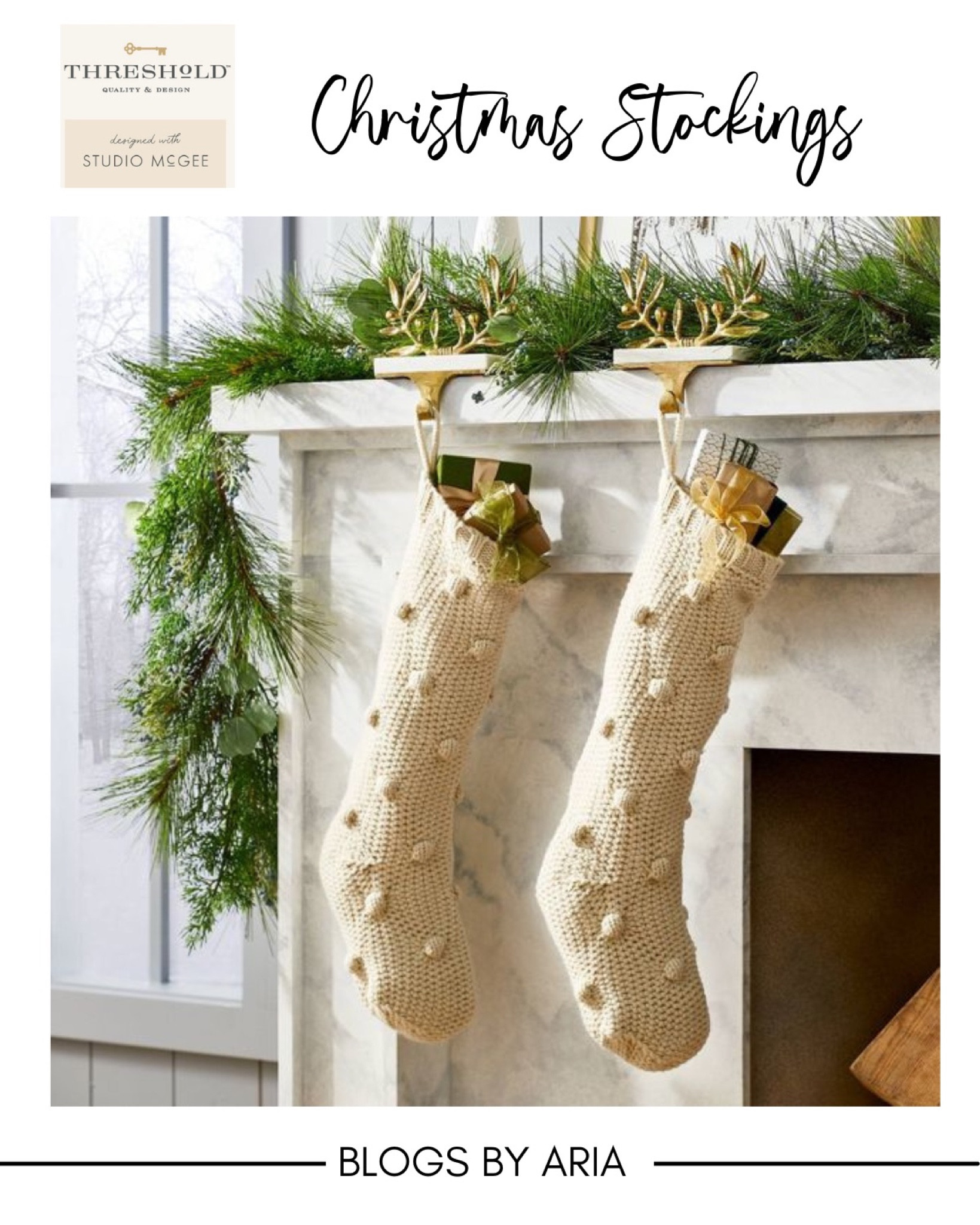 Cream knit stockings , pine garland, gold wreath stocking holders 

#LTKSeasonal #LTKhome #LTKHoliday
