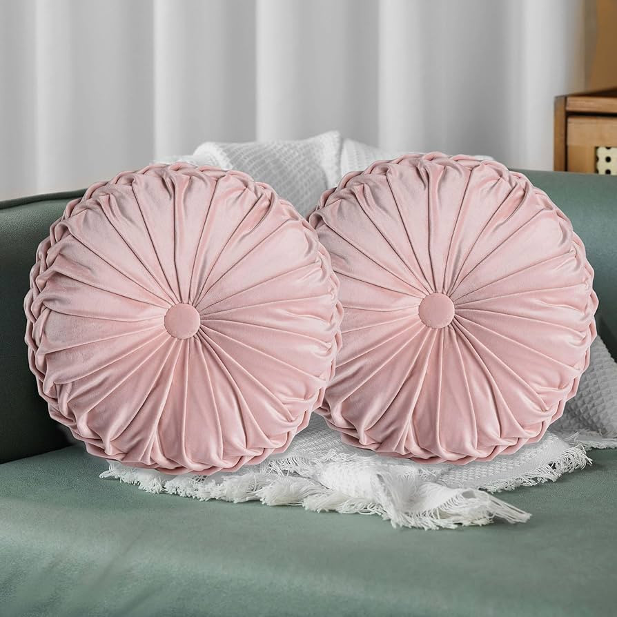 HIG Set of 2 Pink Ruched Velvet Round Throw Pillows – 14.5’’ Decorative Pillows with Soft P... | Amazon (US)