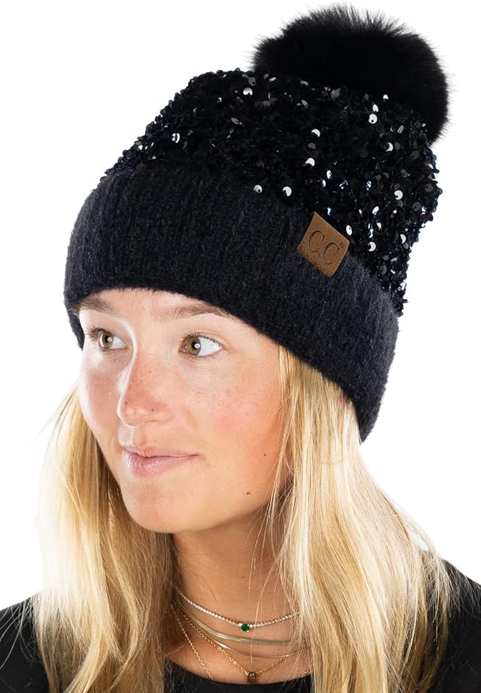 Funky Junque Women's Sequin Pom Beanies – Soft Knit Sparkly Bling Winter Hats for Women, Faux F... | Amazon (US)