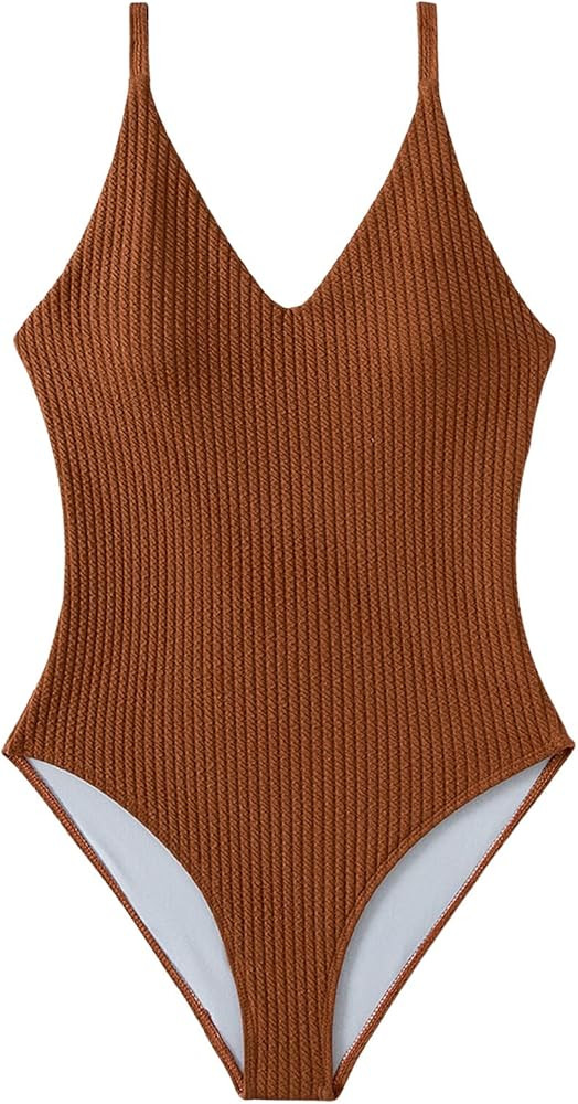SweatyRocks Women's V Neck One Piece Bathing Suit Strappy Ribbed Monokini Swimsuit | Amazon (US)