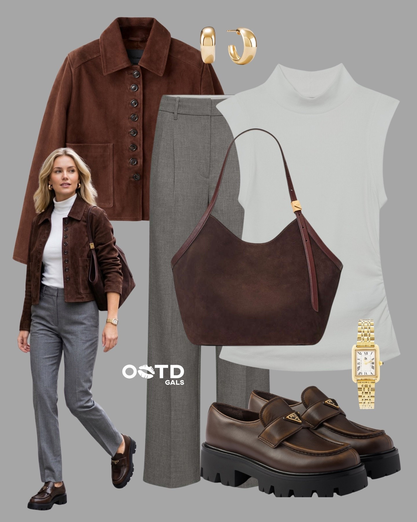 Classic neutrals with a strong edge 🤎🤍

Rich brown textures paired with crisp ivory and tailored grey… effortless, polished, and quietly powerful.

✨ Style Details:
• Chocolate suede jacket for a luxe, structured layer  
• Ivory sleeveless knit for a clean, refined base  
• Tailored grey trousers for a sharp, balanced silhouette  
• Chunky brown loafers to add that modern edge  
• Deep brown shoulder bag for a cohesive finish  
• Gold watch & hoops for a touch of elegance  

Timeless pieces, elevated with texture and structure ✨

#LTKStyle #ClassicChic #NeutralOutfits

#LTKootd #LTKgrwm