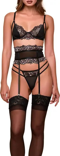 Floral Embroidered Mesh Bra, Thong & Garter Belt | Nordstrom