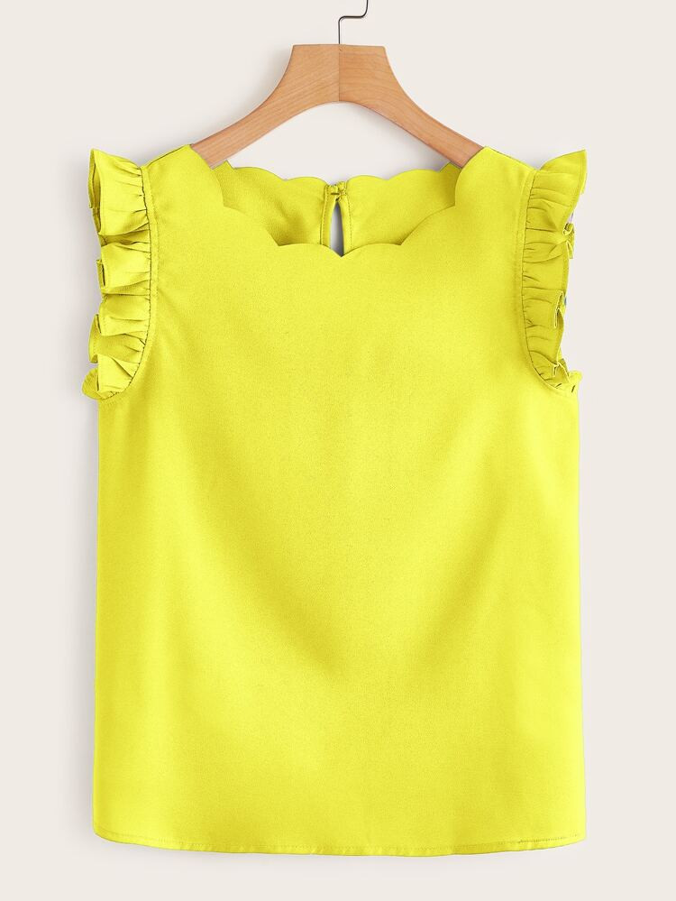SHEIN Neon Yellow Ruffle Armhole Scallop Edge Top | SHEIN