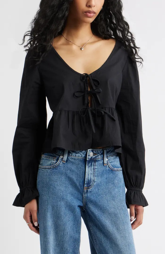 Tie Front Scoop Neck Cotton Poplin Peplum Top | Nordstrom Rack