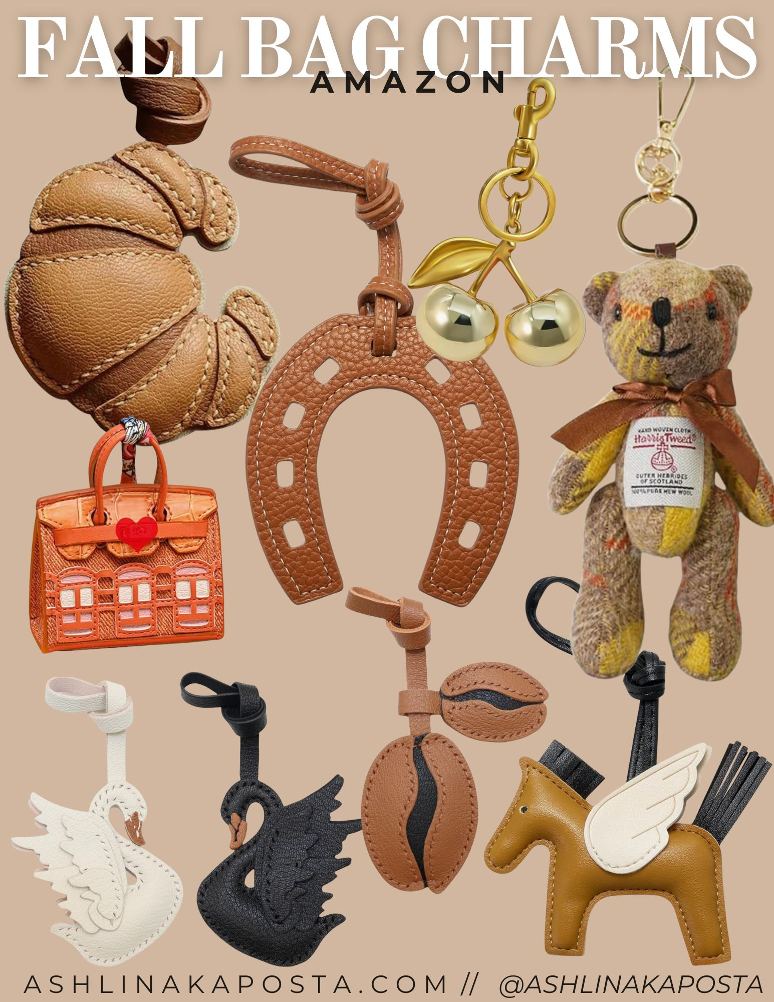 Because your bag deserves a little fall flair too 🍂👜✨ I found the cutest Amazon bag charms—from croissants + cherries to chic horses + swans—that instantly elevate any tote or handbag. A playful, stylish way to give your fall accessories a fresh update. #AmazonFashion #BagCharms #FallStyle 

 