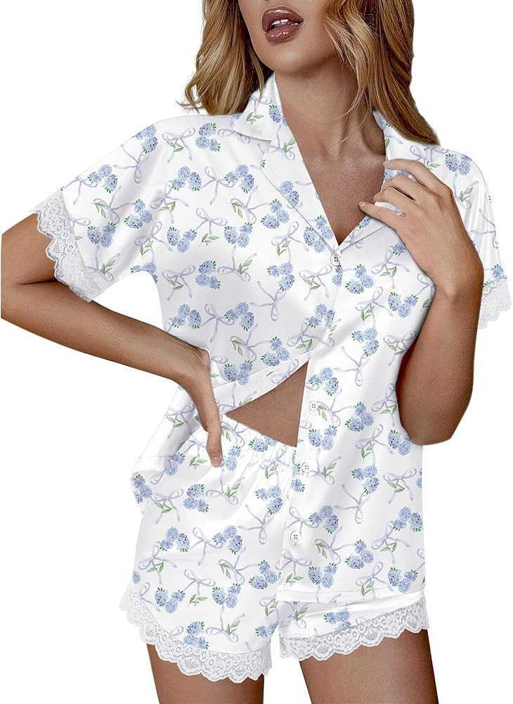 Ekouaer Womens Lace Satin Pajama Set Button Down Pj Shorts Set Bridesmaids Getting Ready Outfits ... | Amazon (US)