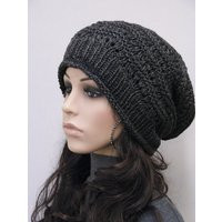 Hand Knit Black Wool Slouchy Hat, Unisex Winter Beanie | Etsy (US)